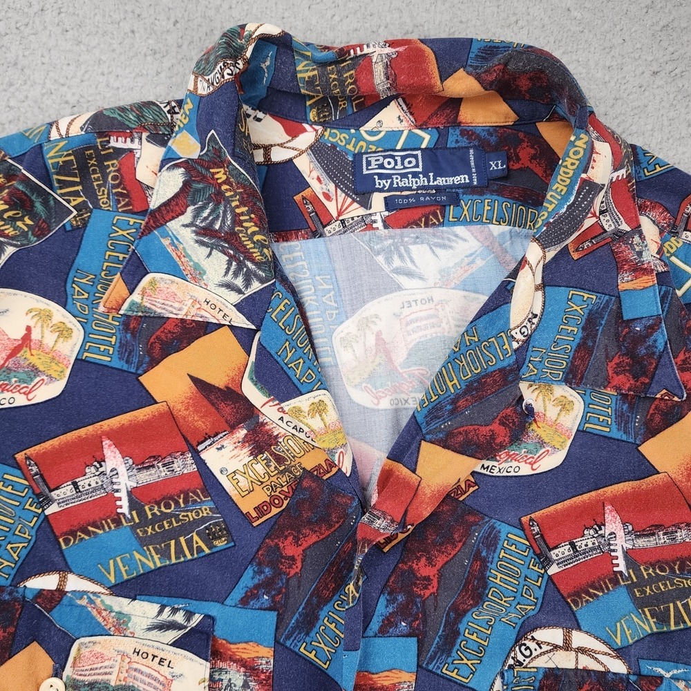 Vtg Polo Ralph Lauren Shirt Mens XL Allover Loop Collar Camp Excelsior Hotel